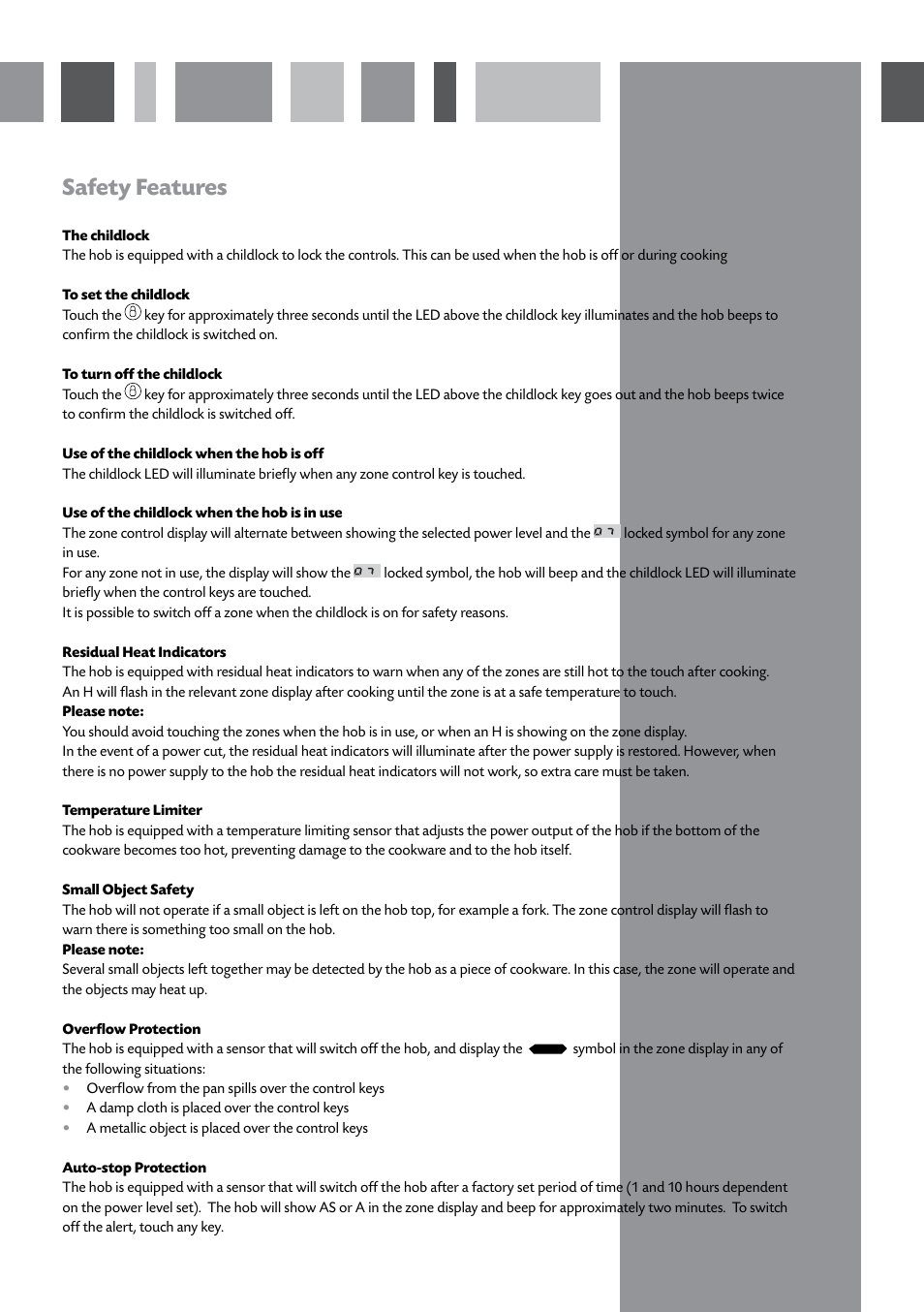 Safety features | CDA INDUCTION HOB HVN61/81 User Manual | Page 7 / 16