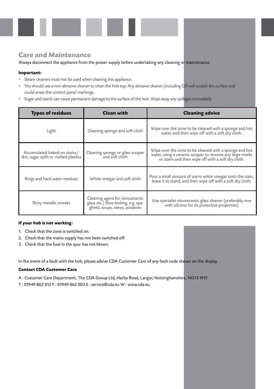 Care and maintenance | CDA INDUCTION HOB HVN61/81 User Manual | Page 9 / 16