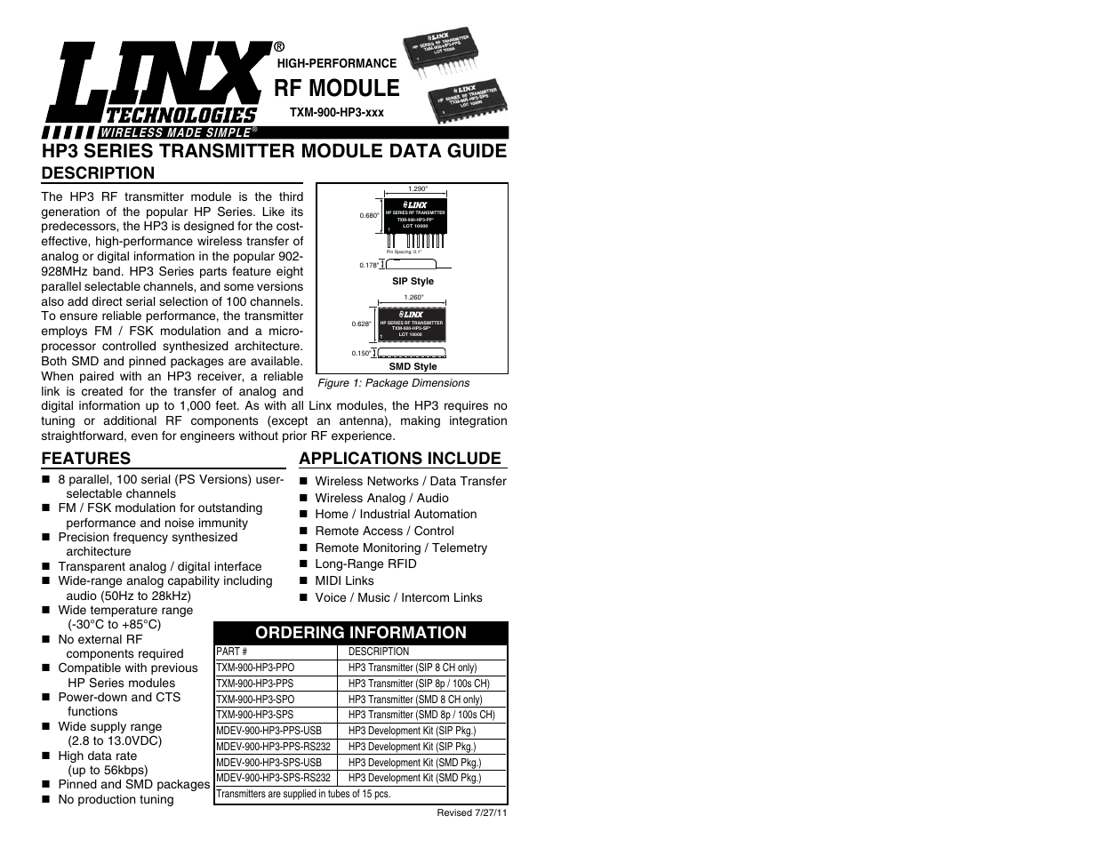 Linx Technologies TXM-900-HP3-xxx User Manual | 13 pages