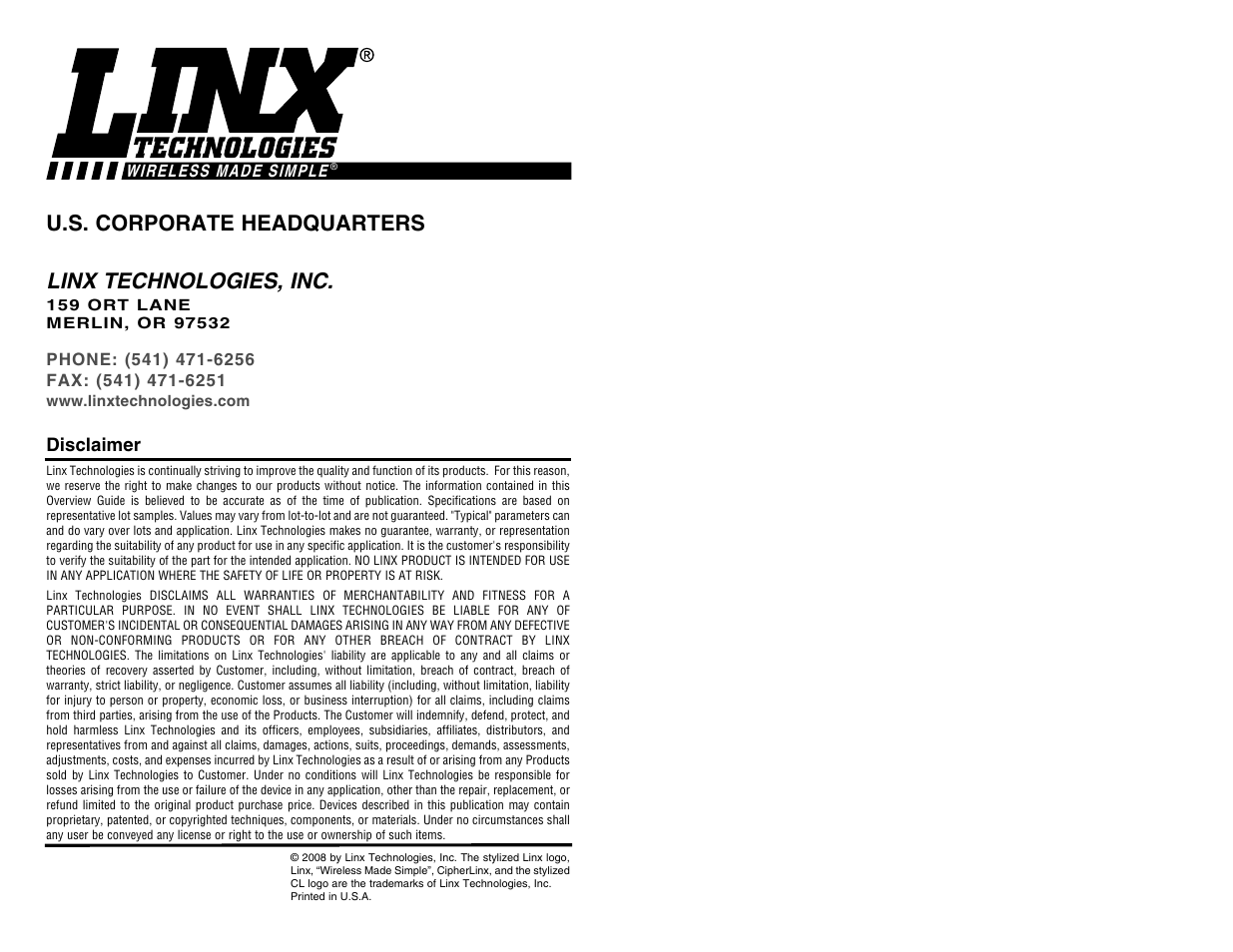 Linx technologies, inc, U.s. corporate headquarters | Linx Technologies TXM-900-HP3-xxx User Manual | Page 13 / 13