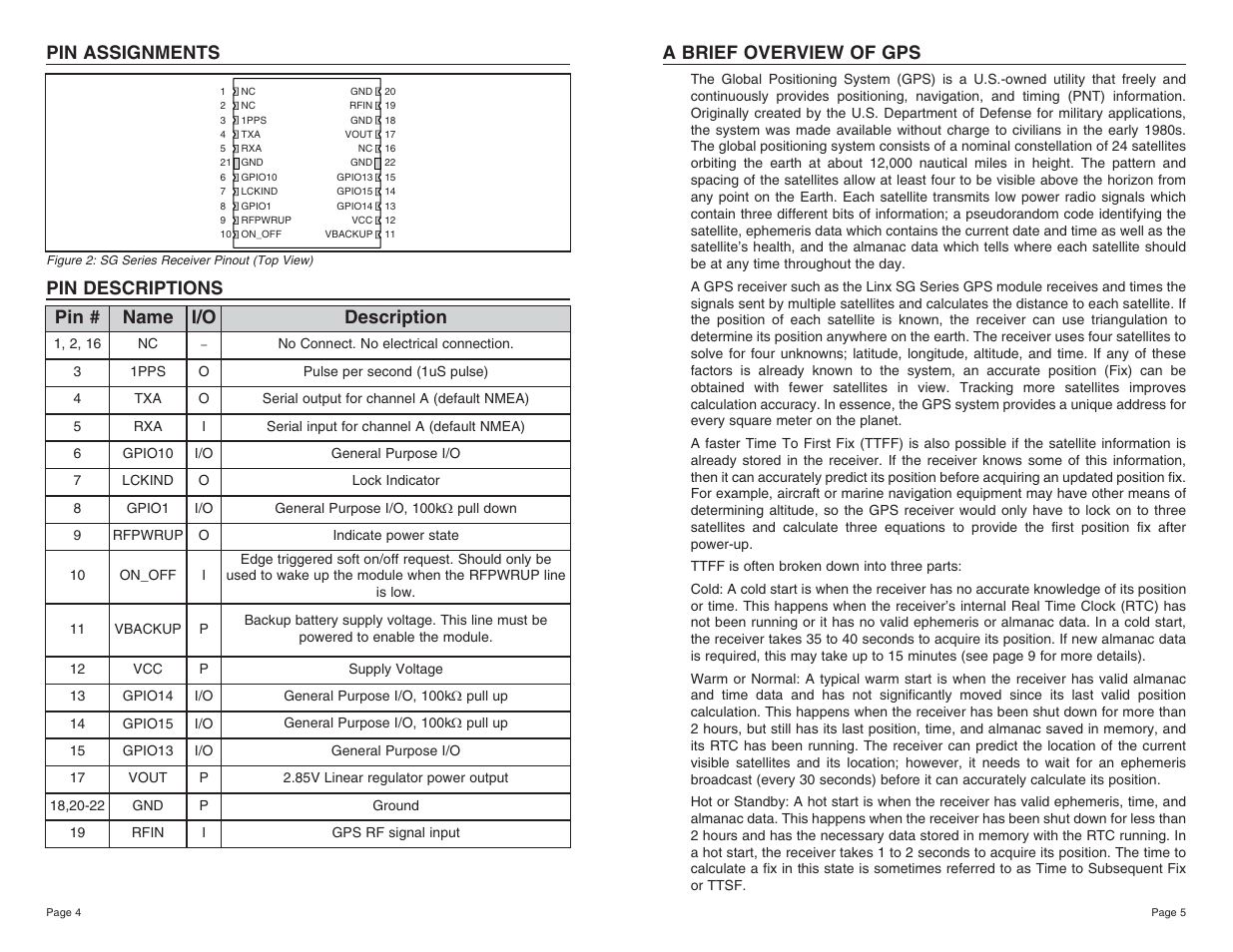 Pin assignments, Pin # name i/o description, Pin descriptions a brief overview of gps | Linx Technologies RXM-GPS-SG User Manual | Page 3 / 17