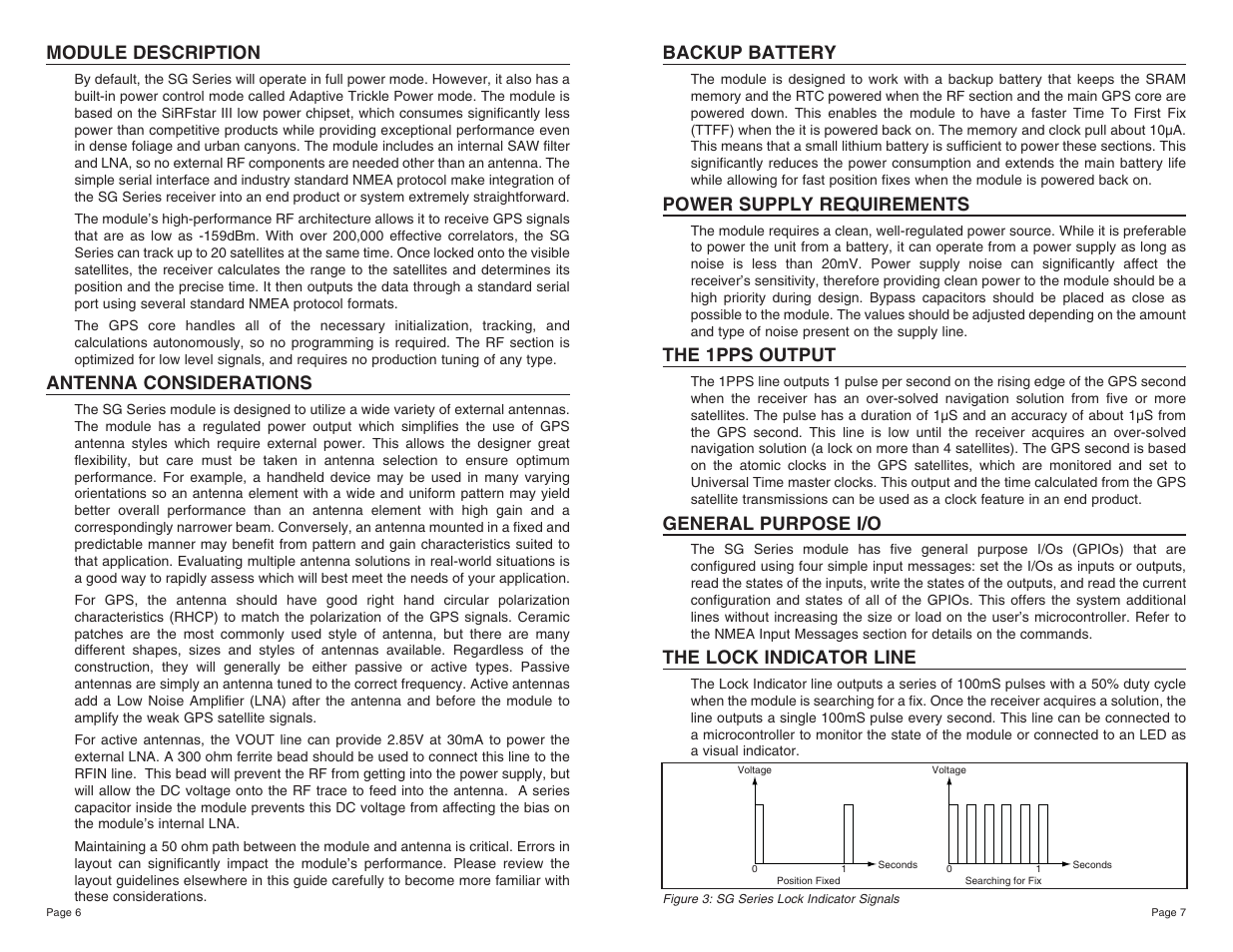 Module description, Antenna considerations, Backup battery | Power supply requirements, The 1pps output, General purpose i/o, The lock indicator line | Linx Technologies RXM-GPS-SG User Manual | Page 4 / 17