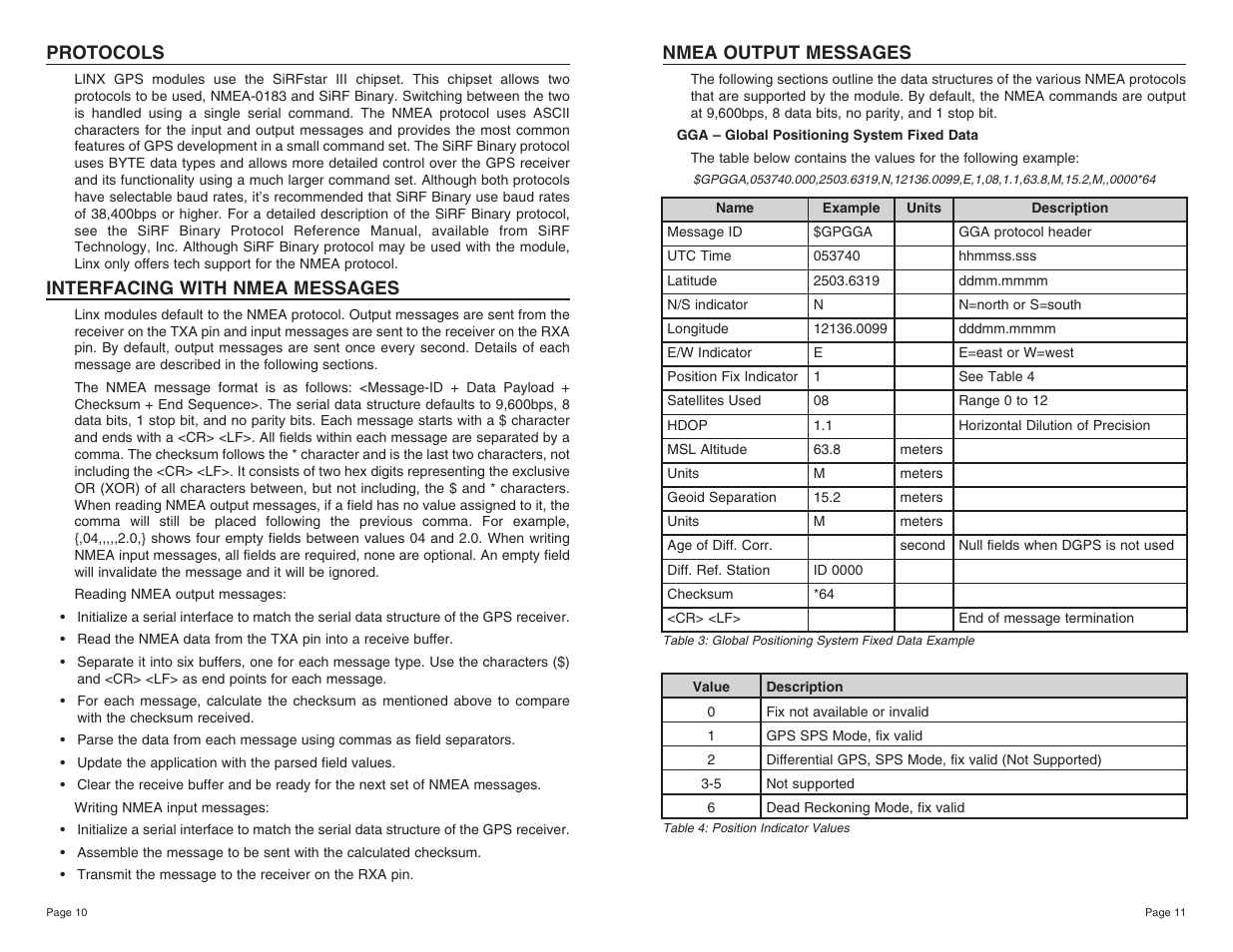 Nmea output messages, Protocols, Interfacing with nmea messages | Linx Technologies RXM-GPS-SG User Manual | Page 6 / 17
