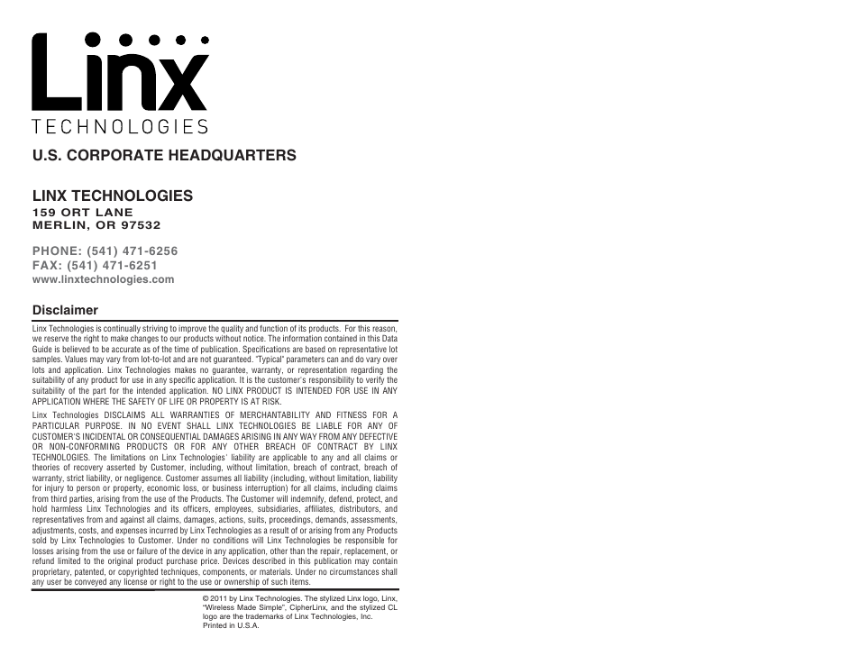 Linx technologies, U.s. corporate headquarters | Linx Technologies ASY-MDEV-GPS-SG-DB User Manual | Page 3 / 3