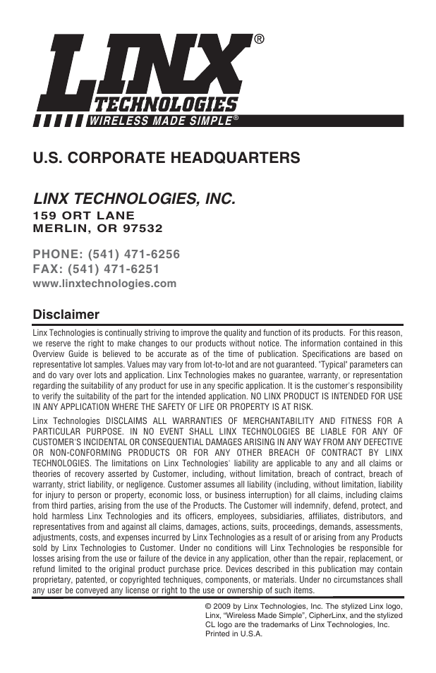 Linx technologies, inc, U.s. corporate headquarters, Disclaimer | Linx Technologies MDEV-GPS-SG User Manual | Page 8 / 8