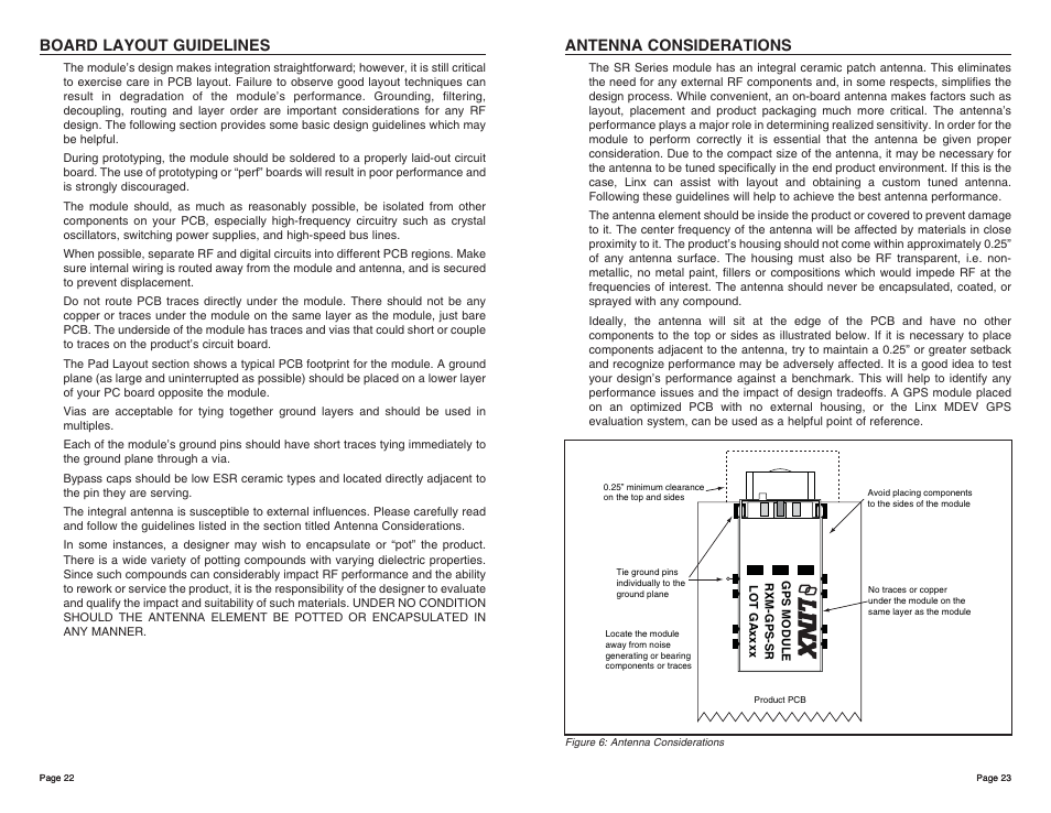 Antenna considerations, Board layout guidelines | Linx Technologies RXM-GPS-SR User Manual | Page 12 / 15