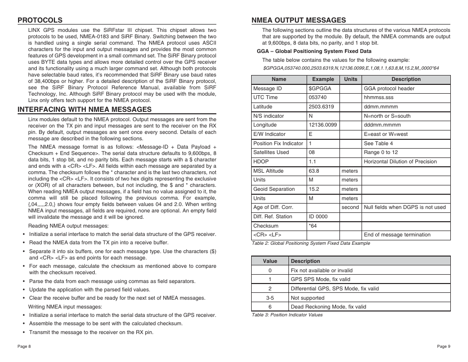 Nmea output messages, Protocols, Interfacing with nmea messages | Linx Technologies RXM-GPS-SR User Manual | Page 5 / 15