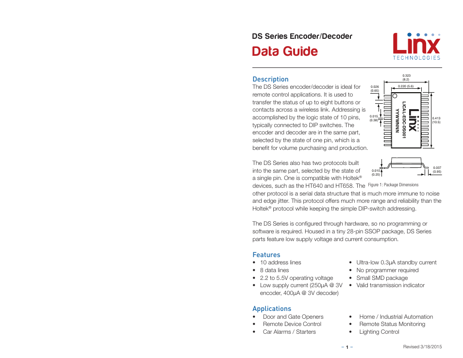 Description, Features, Applications | Data guide, Ds series encoder/decoder | Linx Technologies LICAL-EDC-DS User Manual | Page 3 / 13