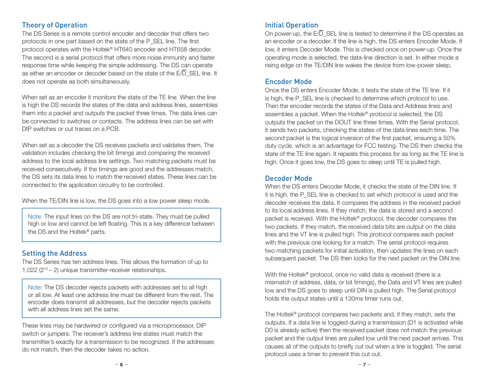 Theory of operation, Setting the address, Initial operation | Encoder mode, Decoder mode | Linx Technologies LICAL-EDC-DS User Manual | Page 6 / 13