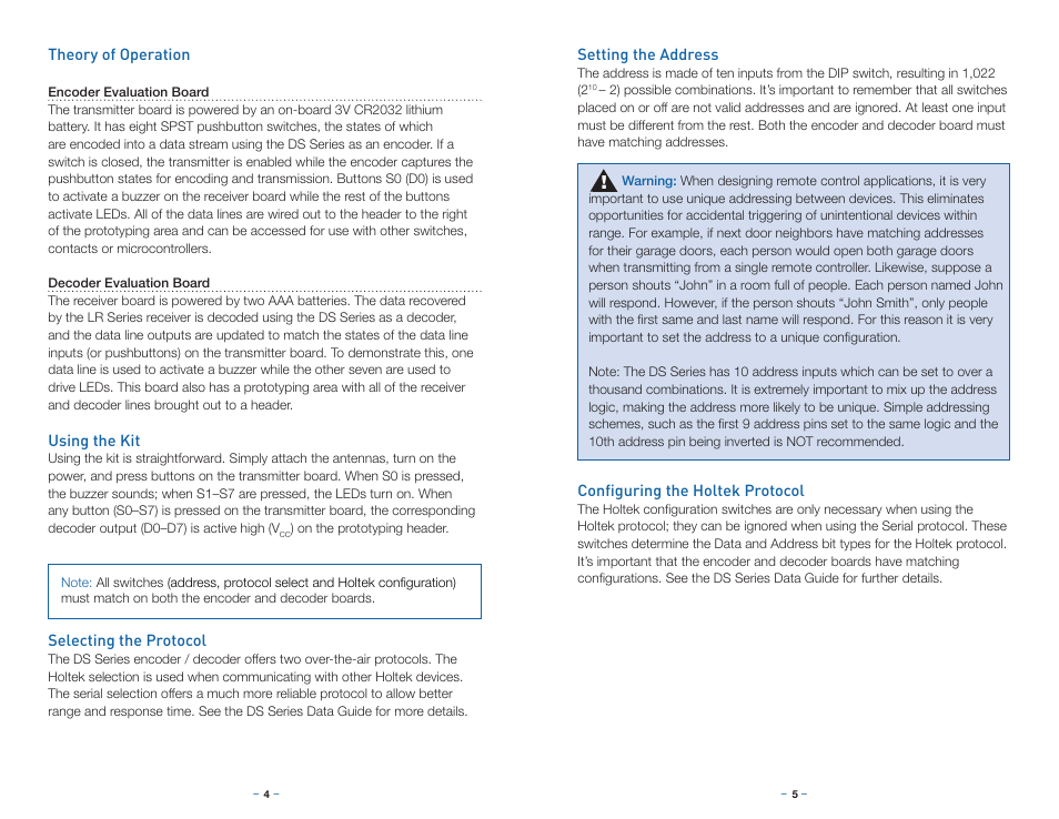 Theory of operation, Using the kit, Selecting the protocol | Setting the address, Configuring the holtek protocol | Linx Technologies EVAL-xxx-DS User Manual | Page 5 / 9