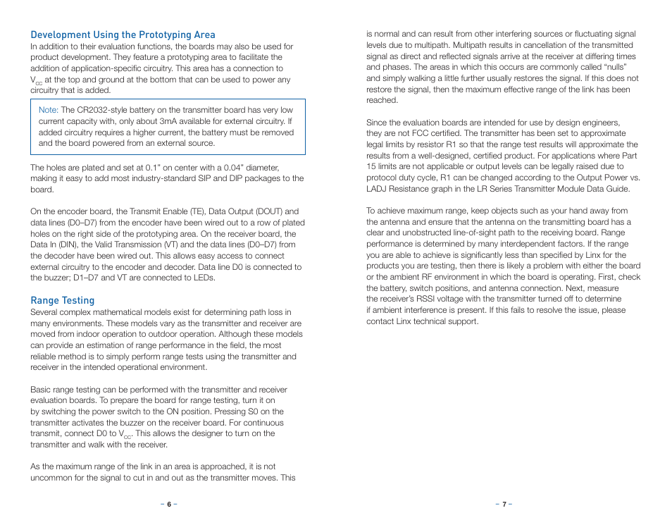 Development using the prototyping area, Range testing | Linx Technologies EVAL-xxx-DS User Manual | Page 6 / 9