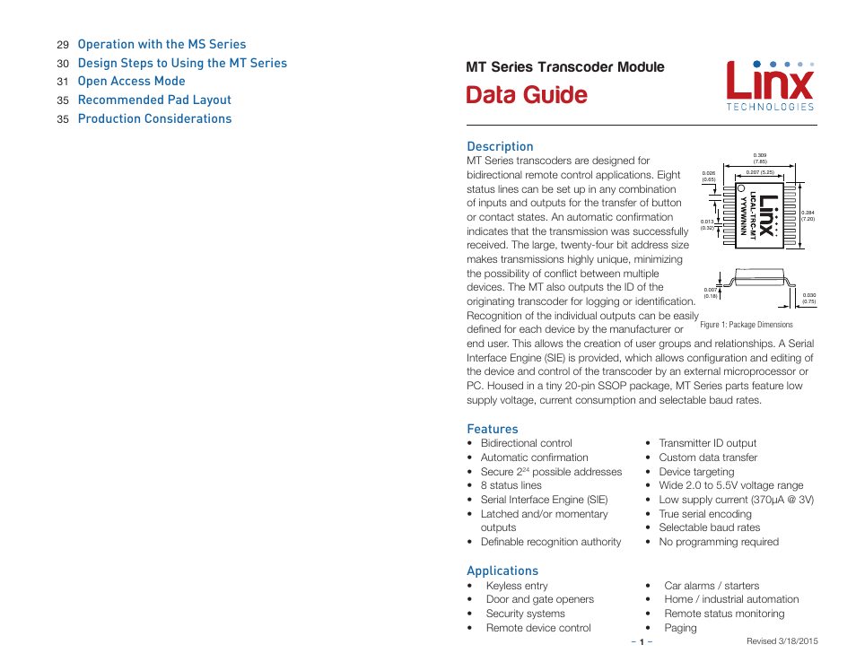 Description, Features, Applications | Data guide, Mt series transcoder module | Linx Technologies LICAL-TRC-MT User Manual | Page 3 / 21