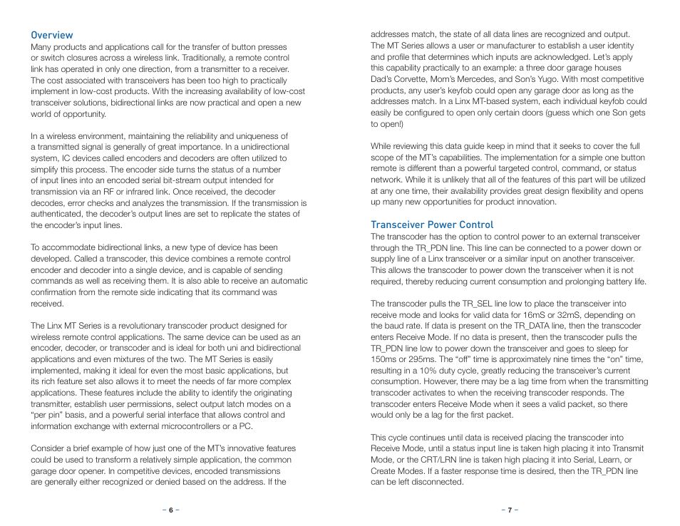 Overview, Transceiver power control | Linx Technologies LICAL-TRC-MT User Manual | Page 6 / 21