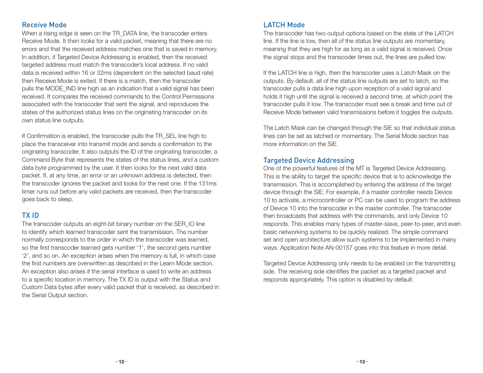 Receive mode, Tx id, Latch mode | Targeted device addressing | Linx Technologies LICAL-TRC-MT User Manual | Page 9 / 21