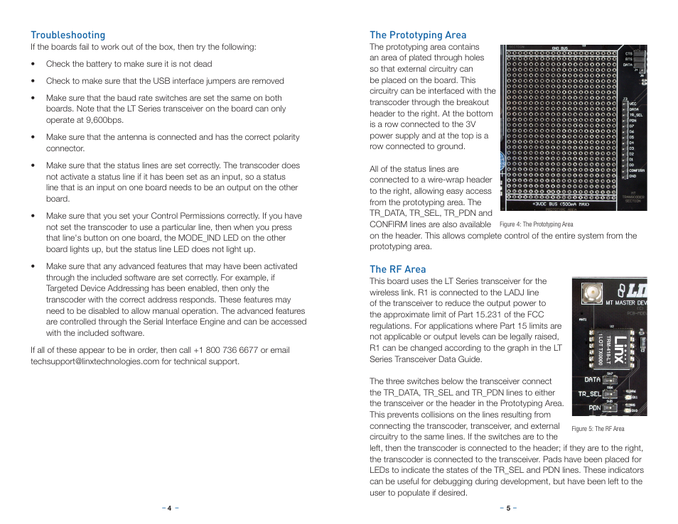 Troubleshooting, The prototyping area, The rf area | Linx Technologies MDEV-LICAL-MT User Manual | Page 5 / 11