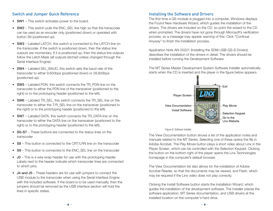 Switch and jumper quick reference, Installing the software and drivers | Linx Technologies MDEV-LICAL-MT User Manual | Page 7 / 11