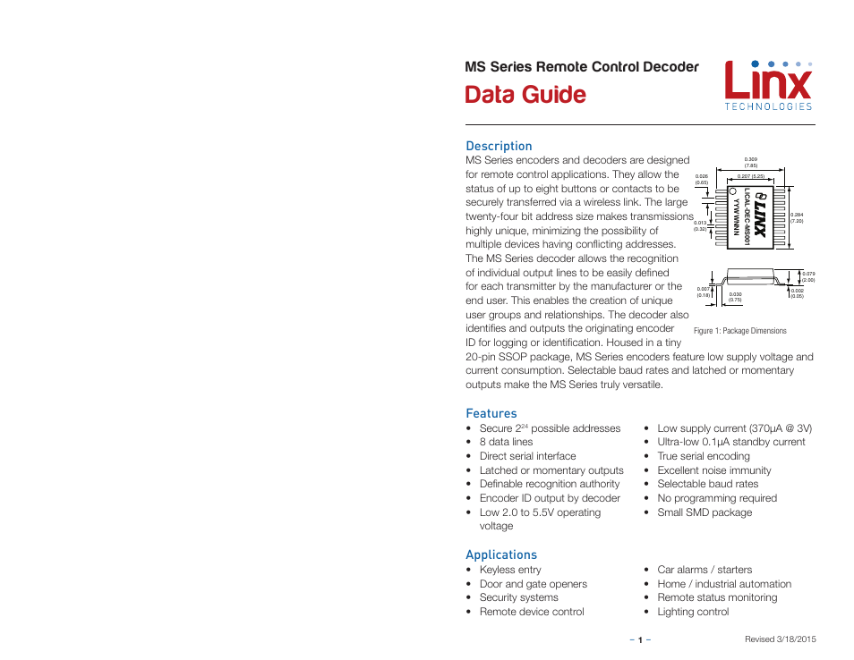 Description, Features, Applications | Data guide, Ms series remote control decoder | Linx Technologies LICAL-DEC-MS001 User Manual | Page 3 / 11