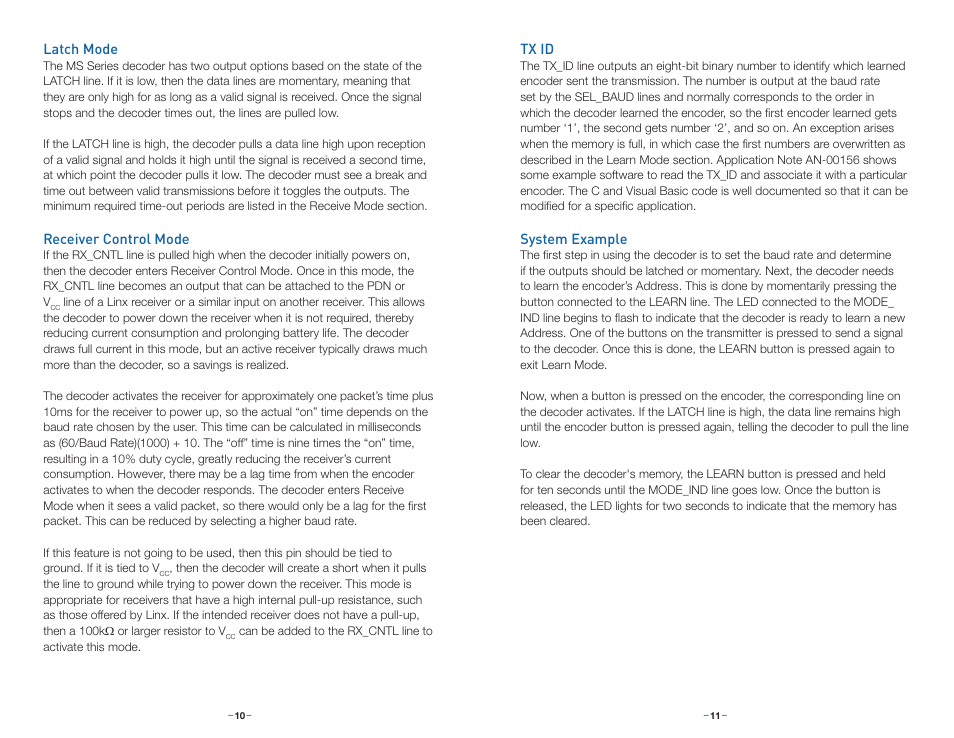 Latch mode, Receiver control mode, Tx id | System example | Linx Technologies LICAL-DEC-MS001 User Manual | Page 8 / 11