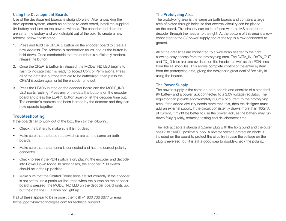 Using the development boards, Troubleshooting, The prototyping area | The power supply | Linx Technologies MDEV-LICAL-MS User Manual | Page 5 / 11