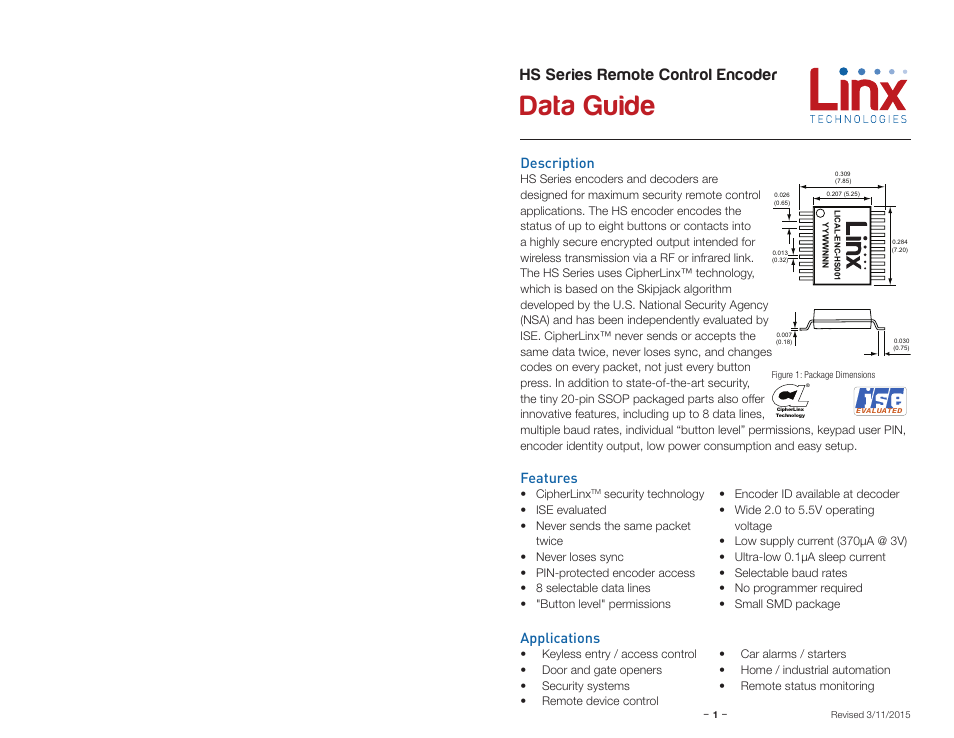 Description, Features, Applications | Data guide, Hs series remote control encoder | Linx Technologies LICAL-ENC-HS001 User Manual | Page 3 / 15
