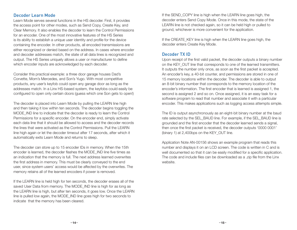 Decoder learn mode, Decoder tx id | Linx Technologies LICAL-DEC-HS001 User Manual | Page 10 / 17