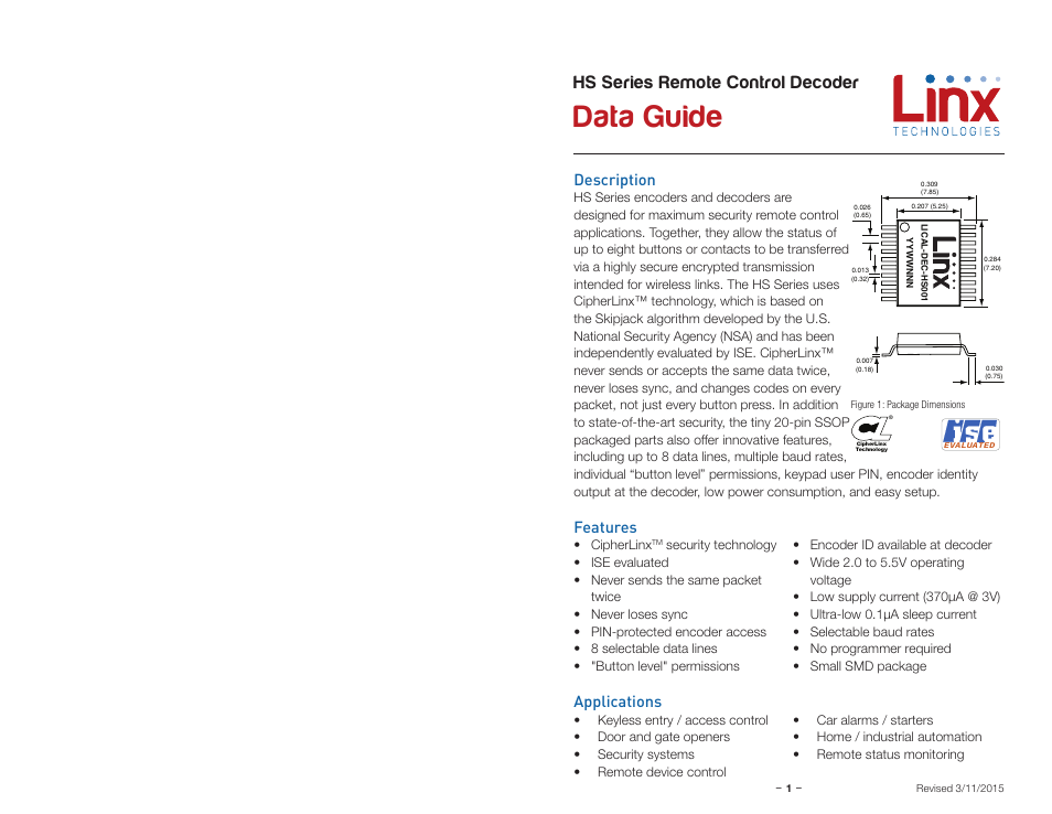 Description, Features, Applications | Data guide, Hs series remote control decoder | Linx Technologies LICAL-DEC-HS001 User Manual | Page 3 / 17