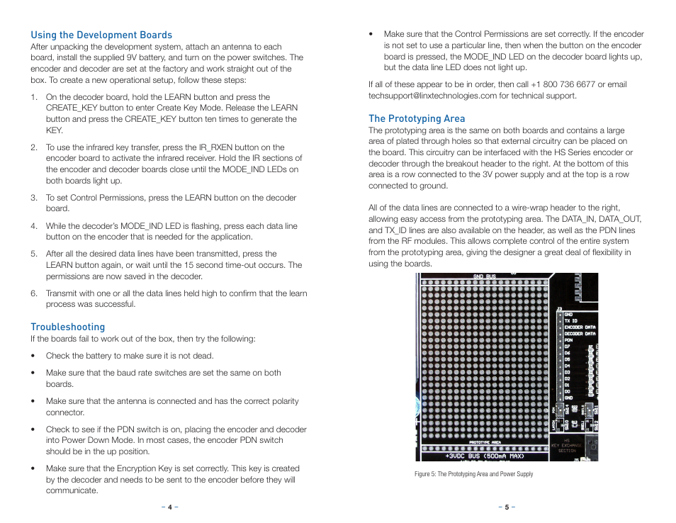 Using the development boards, Troubleshooting, The prototyping area | Linx Technologies MDEV-LICAL-HS User Manual | Page 5 / 11