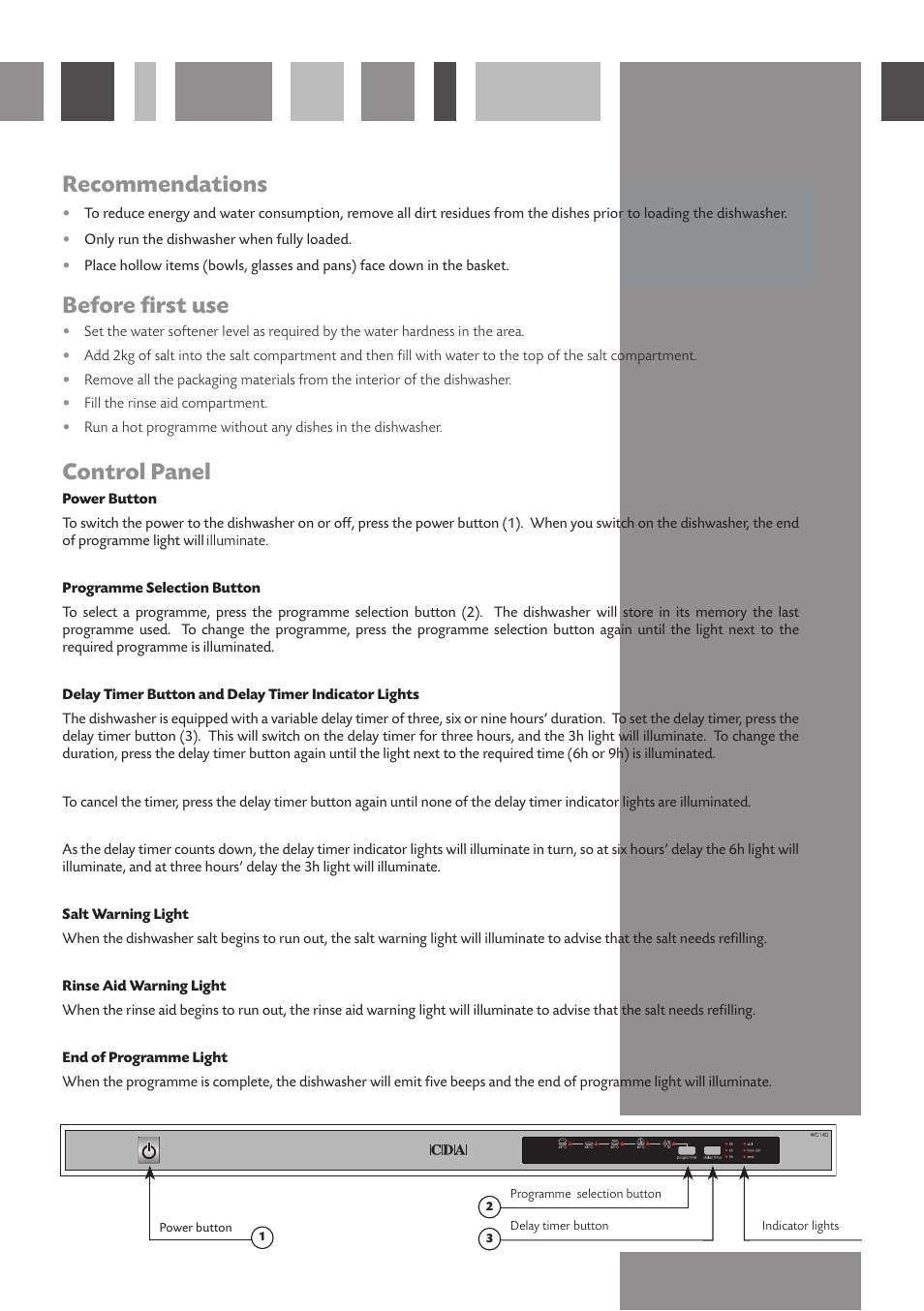 Recomendations, Before first use, Control panel | Recommendations | CDA WC140 User Manual | Page 3 / 18