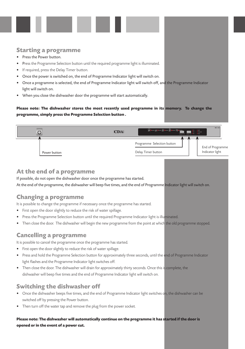 Starting a programme, At the end of a programme, Changing a programme | Cancelling a programme, Switching the dishwasher off | CDA WC140 User Manual | Page 4 / 18