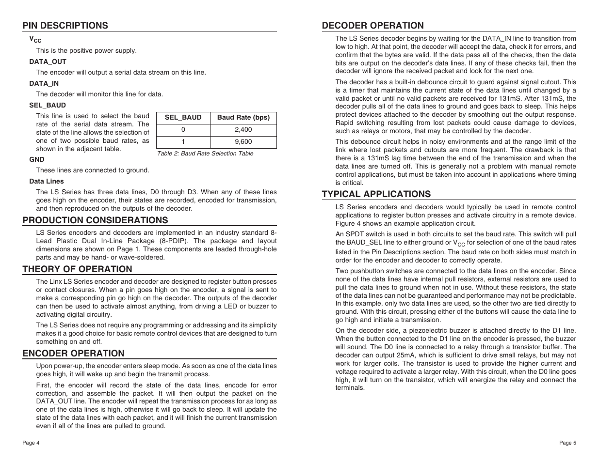 Decoder operation, Typical applications, Pin descriptions | Production considerations, Theory of operation, Encoder operation | Linx Technologies LICAL-xxx-LS001 User Manual | Page 3 / 5