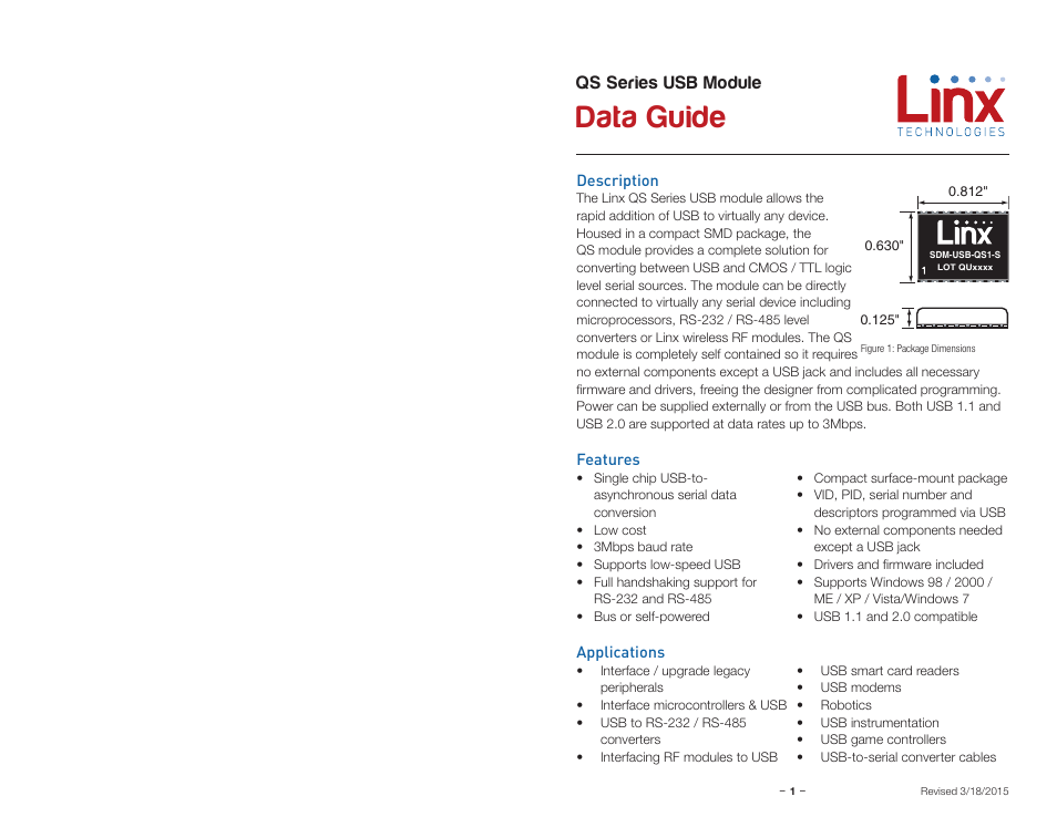 Description, Features, Applications | Data guide, Qs series usb module | Linx Technologies SDM-USB-QS-S User Manual | Page 3 / 11
