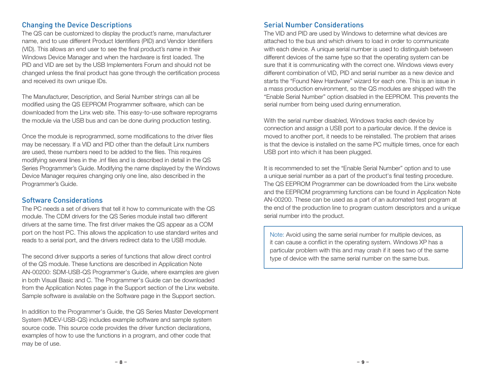 Changing the device descriptions, Software considerations, Serial number considerations | Linx Technologies SDM-USB-QS-S User Manual | Page 7 / 11