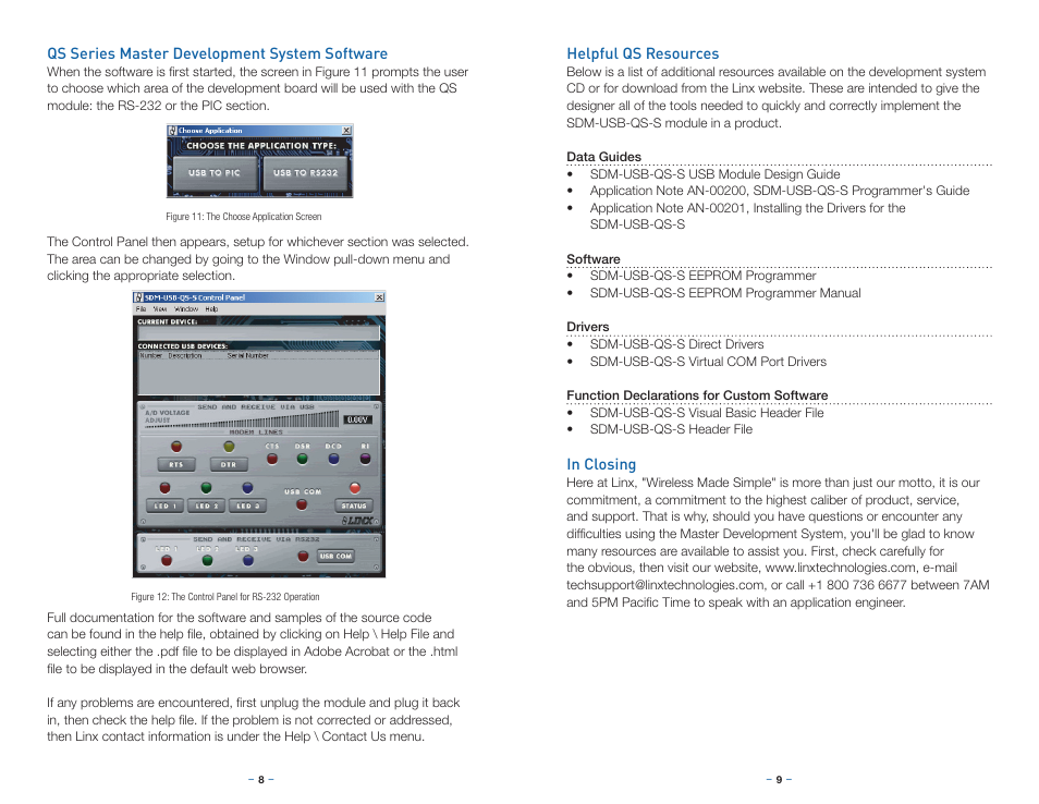 Qs series master development system software, Helpful qs resources, In closing | Linx Technologies MDEV-USB-QS User Manual | Page 7 / 9