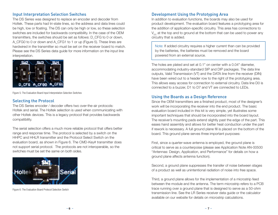 Input interpretation selection switches, Selecting the protocol, Development using the prototyping area | Using the boards as a design reference | Linx Technologies OEM Transmitter Evaluation Kit User Manual | Page 6 / 9