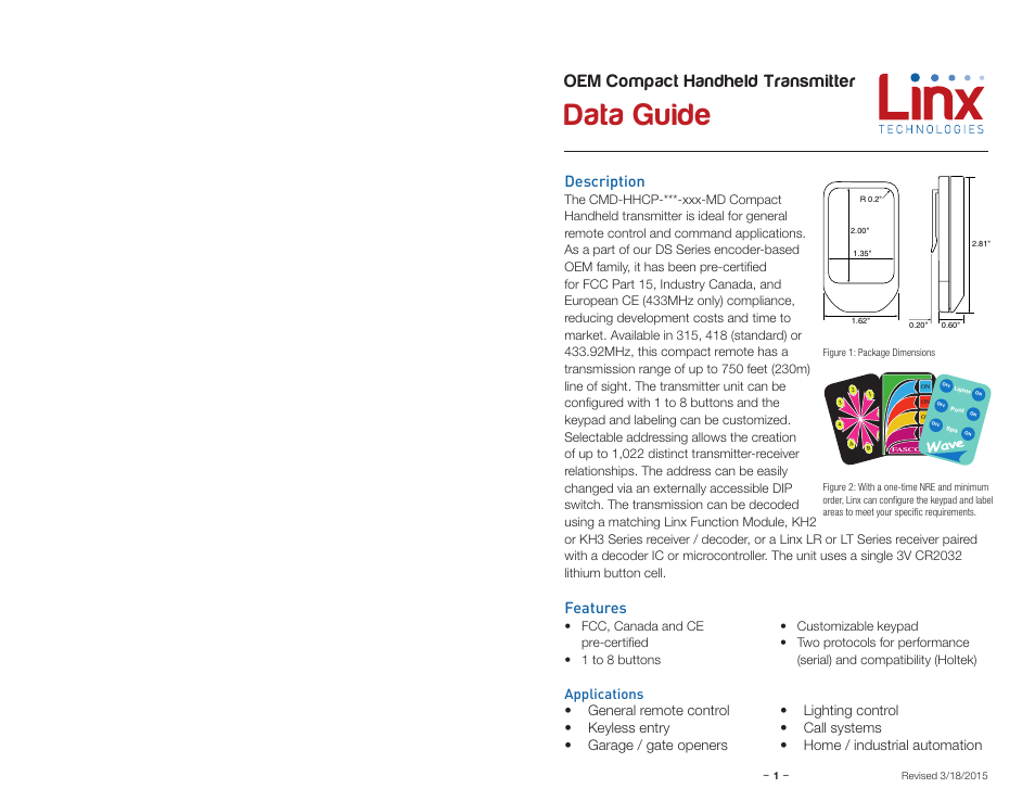 Description, Features, Applications | Data guide, Oem compact handheld transmitter | Linx Technologies CMD-HHCP-xxx User Manual | Page 3 / 9