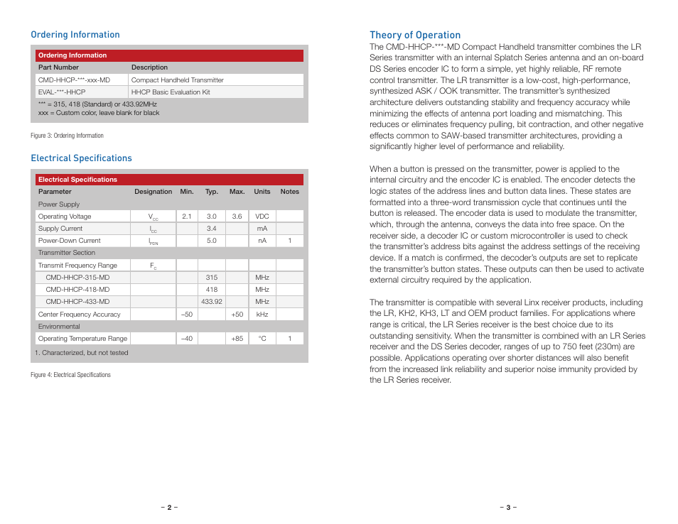 Ordering information, Electrical specifications, Theory of operation | Linx Technologies CMD-HHCP-xxx User Manual | Page 4 / 9