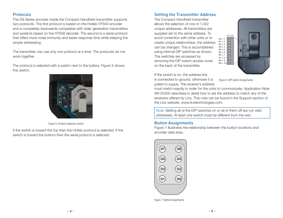 Protocols, Setting the transmitter address, Button assignments | Linx Technologies CMD-HHCP-xxx User Manual | Page 5 / 9