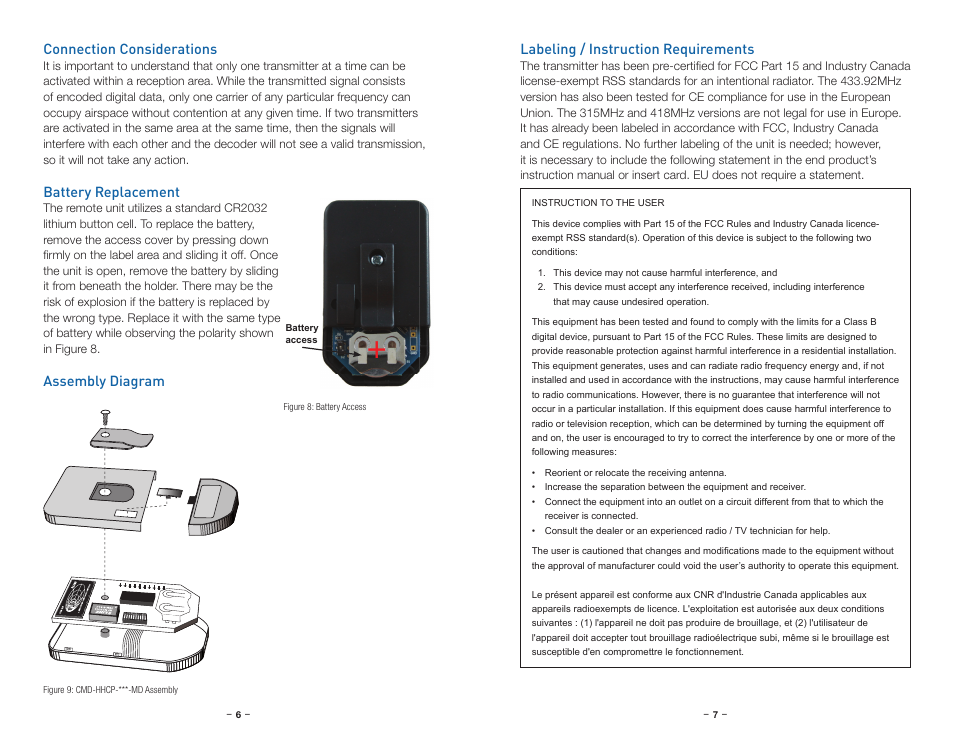 Connection considerations, Battery replacement, Assembly diagram | Labeling / instruction requirements | Linx Technologies CMD-HHCP-xxx User Manual | Page 6 / 9