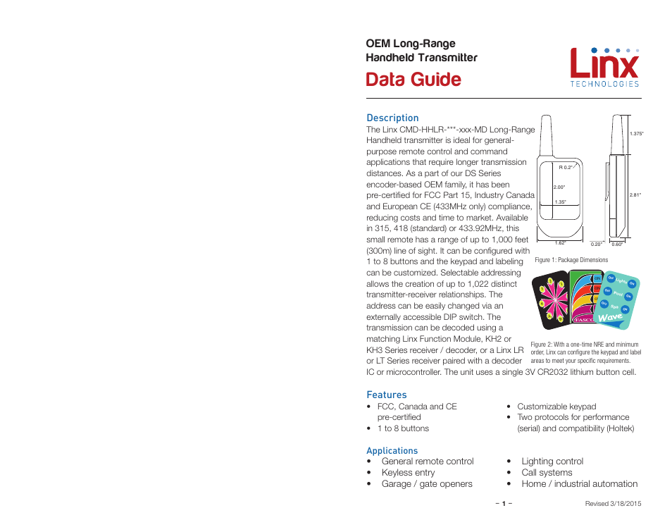 Description, Features, Applications | Data guide, Oem long-range handheld transmitter | Linx Technologies CMD-HHLR-xxx User Manual | Page 3 / 9