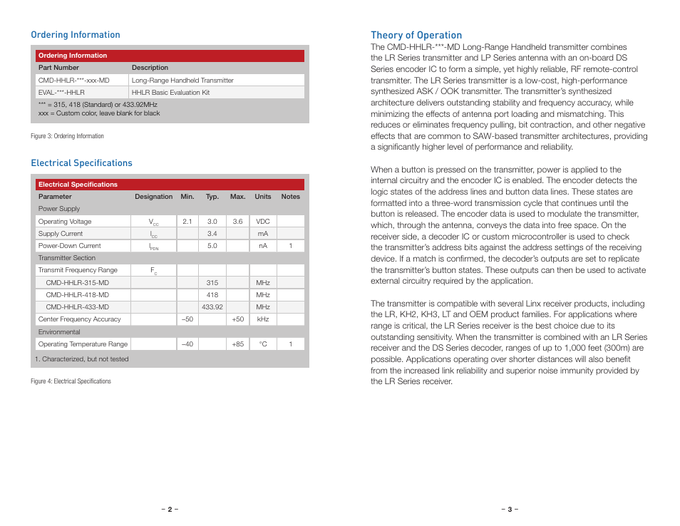 Ordering information, Electrical specifications, Theory of operation | Linx Technologies CMD-HHLR-xxx User Manual | Page 4 / 9