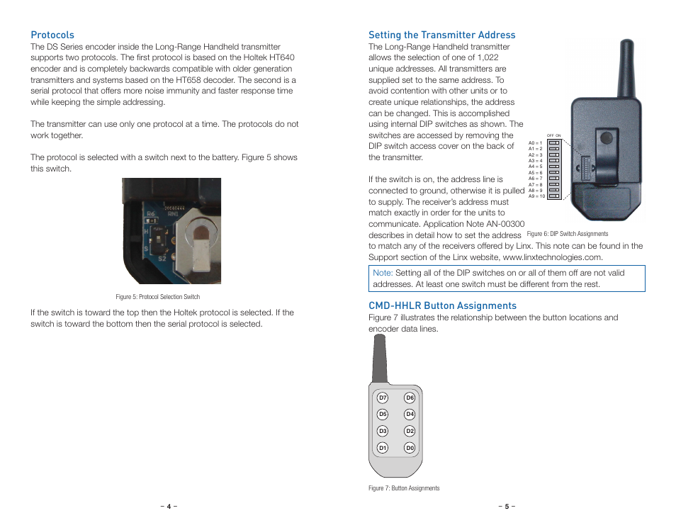 Protocols, Setting the transmitter address, Cmd-hhlr button assignments | Linx Technologies CMD-HHLR-xxx User Manual | Page 5 / 9