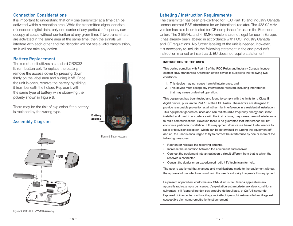 Connection considerations, Battery replacement, Assembly diagram | Labeling / instruction requirements | Linx Technologies CMD-HHLR-xxx User Manual | Page 6 / 9