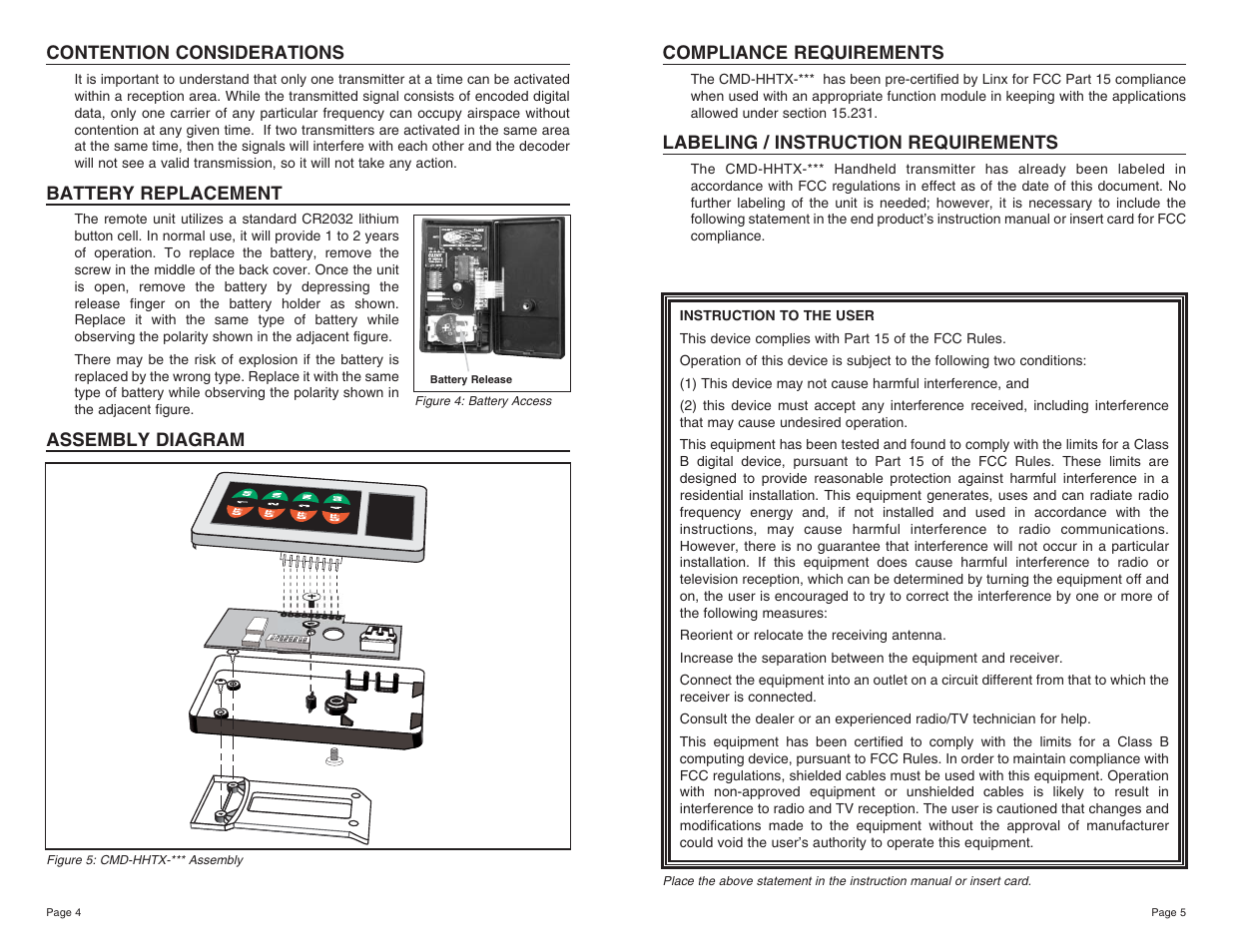 Compliance requirements, Labeling / instruction requirements, Contention considerations | Battery replacement, Assembly diagram | Linx Technologies CMD-HHTX-xxx User Manual | Page 3 / 5