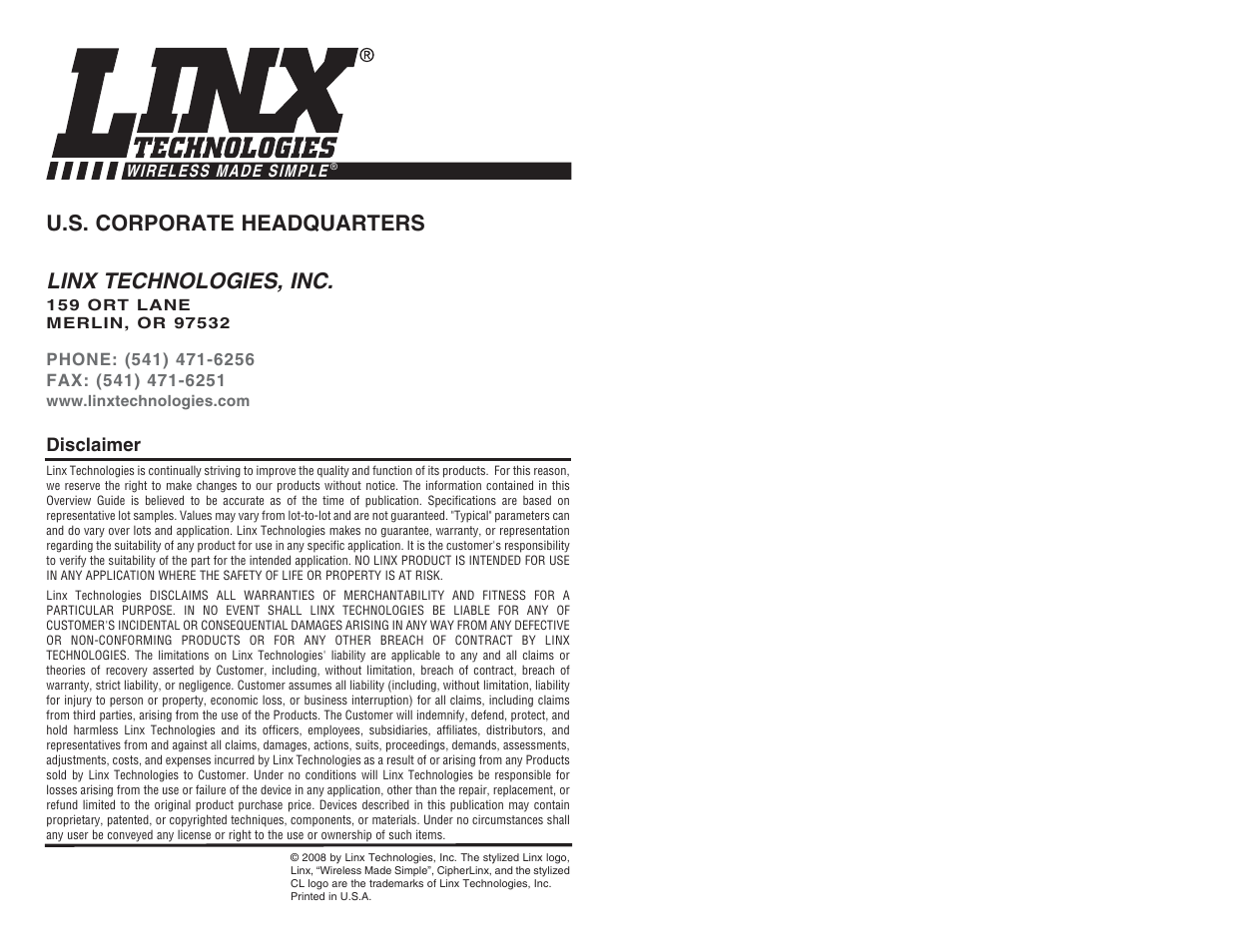 Linx technologies, inc, U.s. corporate headquarters | Linx Technologies CMD-HHTX-xxx User Manual | Page 5 / 5