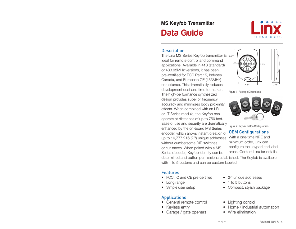 Description, Features, Applications | Oem configurations, Data guide, Ms keyfob transmitter | Linx Technologies OTX-xxx-HH-KF-MS User Manual | Page 3 / 9
