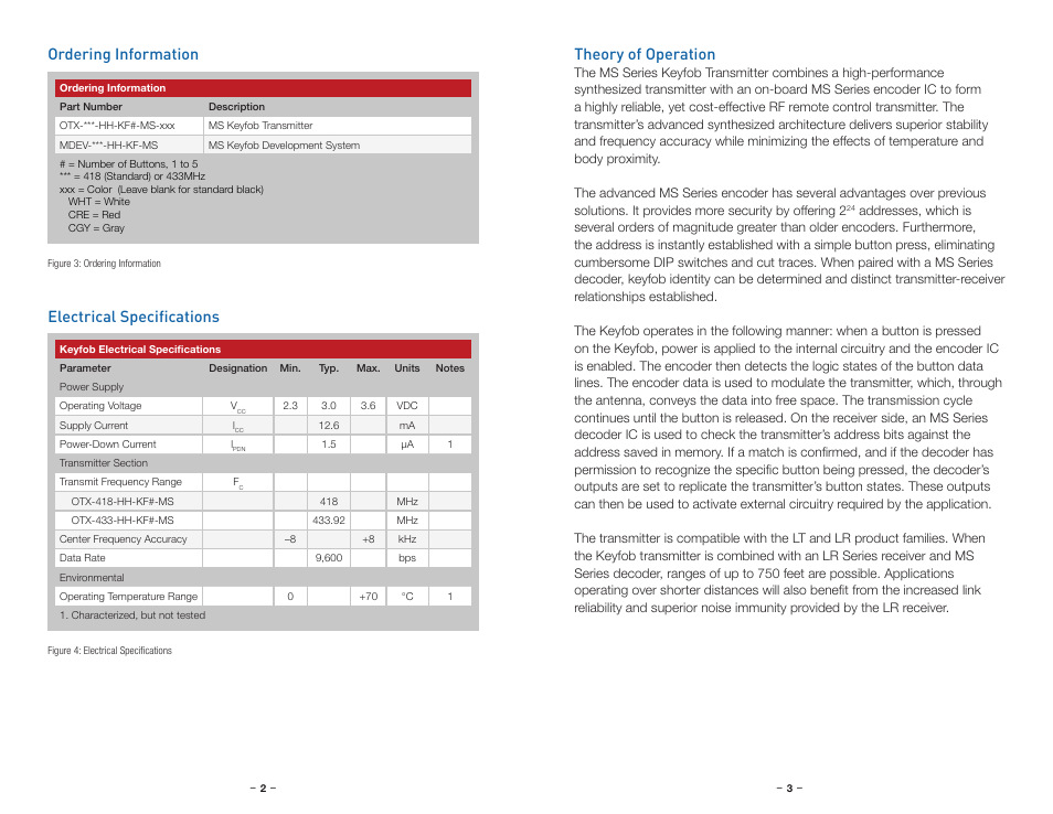 Ordering information, Electrical specifications, Theory of operation | Electrical specifications ordering information | Linx Technologies OTX-xxx-HH-KF-MS User Manual | Page 4 / 9