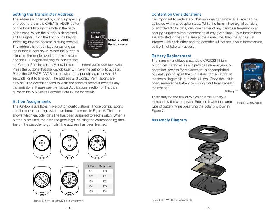 Setting the transmitter address, Button assignments, Contention considerations | Battery replacement, Assembly diagram | Linx Technologies OTX-xxx-HH-KF-MS User Manual | Page 5 / 9
