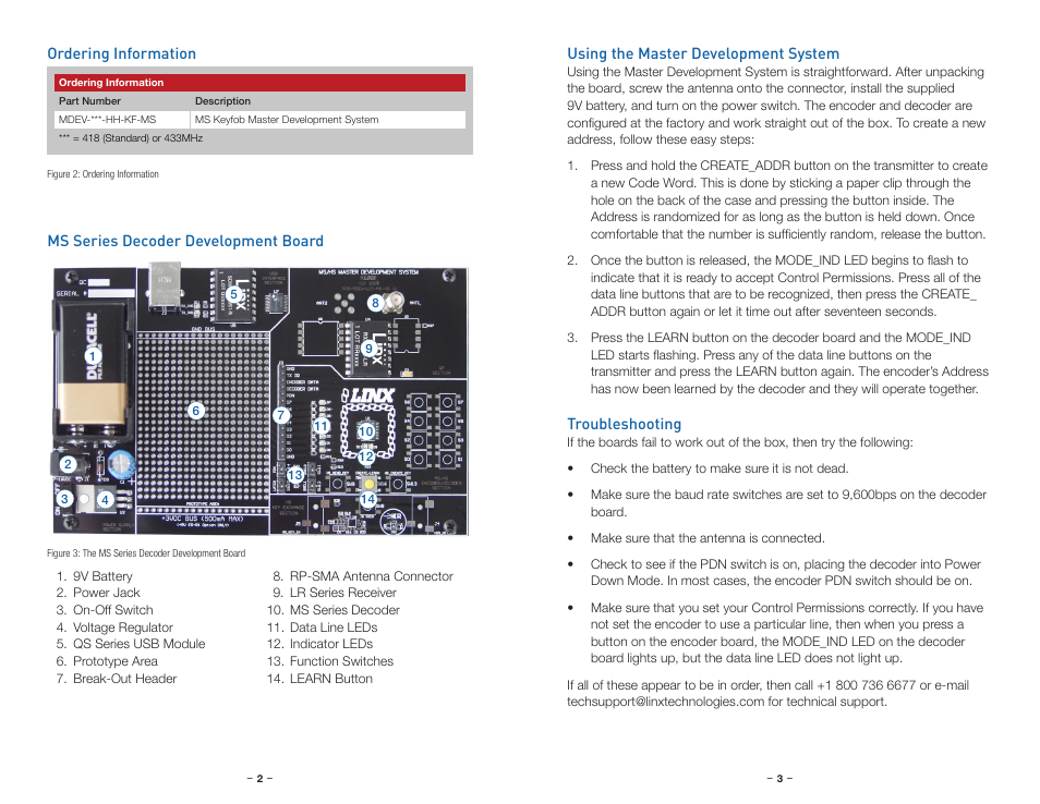 Ordering information, Ms series decode development board, Using the master development system | Troubleshooting, Ms series decoder development board | Linx Technologies MDEV-xxx-HH-KF-MS User Manual | Page 4 / 11
