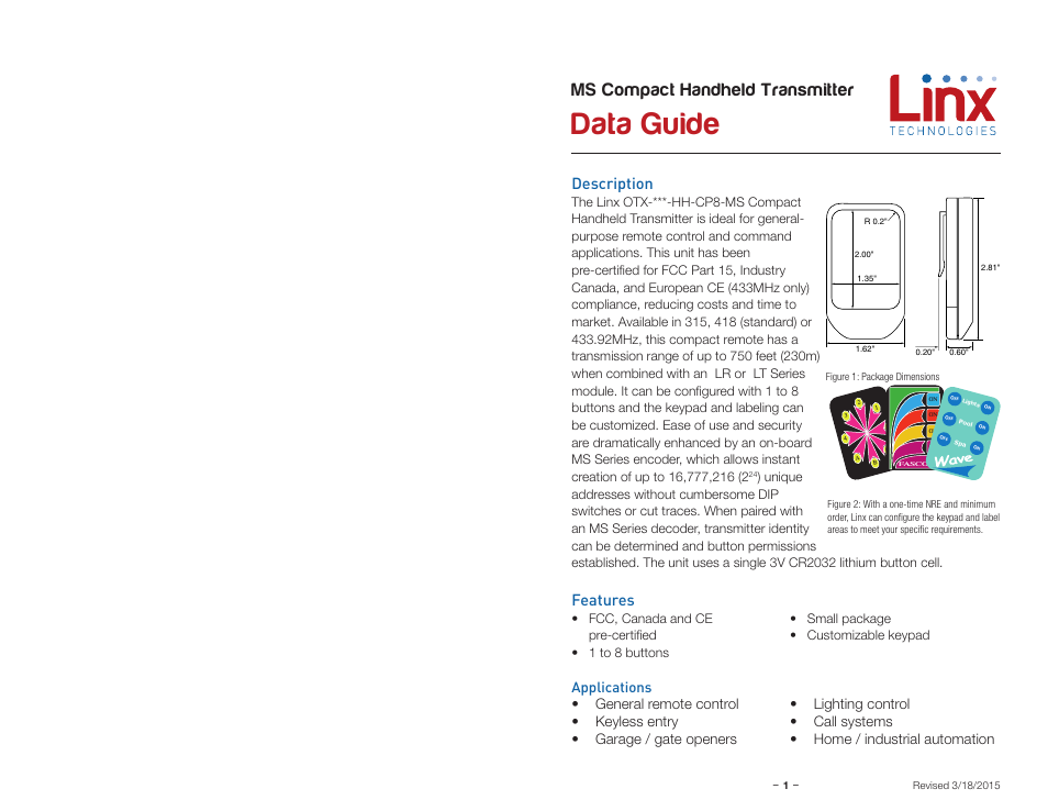 Description, Features, Applications | Data guide, Ms compact handheld transmitter | Linx Technologies OTX-xxx-HH-CP8-MS User Manual | Page 3 / 9