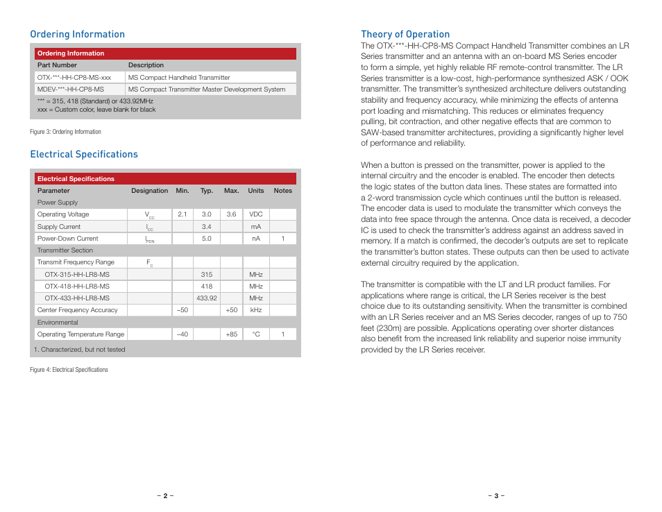 Ordering information, Electrical specifications, Theory of operation | Linx Technologies OTX-xxx-HH-CP8-MS User Manual | Page 4 / 9